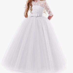 Flower Girl  Floral Lace 3/4 Sleeves Floor Length Dress Wedding Party Ev